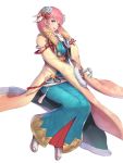  1girl blonde_hair blue_eyes breasts closed_eyes earrings feathers fire_emblem fire_emblem_heroes flower full_body gonzarez gradient_hair gunnthra_(fire_emblem) hair_feathers hair_flower hair_ornament hand_in_hair highres japanese_clothes jewelry katana kimono long_sleeves looking_at_viewer medium_breasts medium_hair multicolored_hair new_year obi open_mouth pink_hair sandals sash scabbard sheath sheathed simple_background snowflake_print socks solo sword two-tone_hair weapon white_background wide_sleeves yukata 