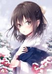  1girl bangs blurry blurry_background blush bow breath brown_eyes brown_hair day depth_of_field eyebrows_visible_through_hair female_saniwa_(touken_ranbu) flower hair_between_eyes hair_bow hands_up japanese_clothes kimono long_sleeves looking_at_viewer miko mochizuki_shiina outdoors overcast parted_lips red_flower saniwa_(touken_ranbu) sayagata snow snowing solo touken_ranbu upper_body white_kimono wide_sleeves 