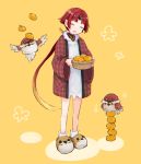  1girl animal_slippers apron basket benienma_(fate/grand_order) bird brown_hair closed_eyes fate/grand_order fate_(series) food fruit hanten_(clothes) inahonoe low_ponytail mandarin_orange slippers smile sparrow yellow_background 