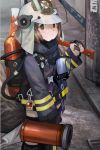  1girl arknights axe brown_eyes chinese_text closed_mouth emblem firefighter from_side helmet holding jacket long_sleeves looking_at_viewer nice_(kingzone) oxygen_mask oxygen_tank shaw_(arknights) short_hair solo standing tail 