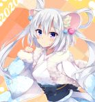  1girl 2020 animal_ear_fluff animal_ears bangs blush chinese_zodiac closed_mouth commentary_request eyebrows_visible_through_hair fur-trimmed_sleeves fur_trim fuuna hair_between_eyes hair_rings highres index_finger_raised japanese_clothes kimono long_hair long_sleeves mouse_ears obi original sash silver_hair sleeves_past_wrists smile solo two_side_up upper_body violet_eyes white_kimono year_of_the_rat 