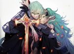  1boy 1girl armor black_gloves byleth_(fire_emblem) byleth_eisner_(male) closed_mouth fire_emblem fire_emblem:_three_houses gloves green_eyes green_hair hair_ornament holding holding_sword holding_weapon long_hair parted_lips pointy_ears short_hair simple_background sothis_(fire_emblem) sword tiara tokikayu upper_body weapon 