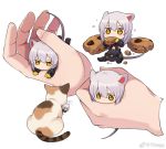  1girl animal_ears arknights cat cookie dress eating food gloves hands minigirl mouse_ears mouse_tail multiple_views scavenger_(arknights) short_hair silver_hair simple_background sitting tail tdtama weibo_username white_background yellow_eyes 