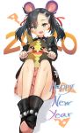  1girl 2020 animal_ears aqua_eyes asymmetrical_bangs asymmetrical_hair bangs black_footwear black_hair black_jacket black_nails blush breasts choker commentary dan_gan dress earrings fake_animal_ears fang hair_ribbon happy_new_year highres jacket jewelry long_sleeves looking_at_viewer mary_(pokemon) morpeko mouse_ears new_year open_clothes pink_dress pokemon pokemon_(game) pokemon_swsh red_ribbon ribbon shoes twintails 