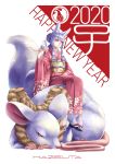  1girl 2020 animal_ears bangs blunt_bangs commentary_request eyebrows_visible_through_hair fox_ears fox_tail hair_tubes happy_new_year highres japanese_clothes kazuki_seihou kimono long_hair looking_at_viewer new_year obi original ouka_(kazuki_seihou) rat sash silver_hair sitting solo tabi tail yellow_eyes 