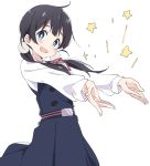  1girl black_hair black_skirt blue_eyes ixy kitashirakawa_tamako long_sleeves looking_at_viewer low_twintails medium_hair open_mouth red_neckwear red_ribbon ribbon school_uniform simple_background skirt smile solo tamako_market twintails white_background 