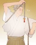  1boy ? bokuto_koutarou closed_mouth grey_hair haikyuu!! hakama holding japanese_clothes long_sleeves looking_away male_focus short_hair solo spiky_hair standing tassel vgmt wide_sleeves yellow_eyes 