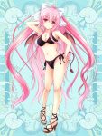  1girl anzu_mochiko arm_up bikini black_bikini blue_background bow breasts demon_tail full_body hair_bow hand_on_own_ass kerberos_blade long_hair navel pink_eyes pink_hair sandals simple_background small_breasts standing swimsuit tail very_long_hair white_bow wings 