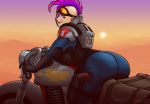  1girl armor ass back backboob backpack bag blaz_b._aros blazbaros bodysuit breast_press breasts desert elbow_pads fair_skin forehead_ridges genestealer goggles goggles_on_head gradient_hair ground_vehicle gun handgun high_collar holstered_weapon huge_ass huge_breasts imperium_of_man mohawk motor_vehicle motorcycle multicolored_hair pistol purple_hair purple_lips seductive_smile sideboob smile thick_thighs thighs violet_eyes warhammer_40k weapon wide_hips 