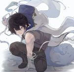  1boy ayer bandage_on_face bandages black_hair blue_eyes clenched_hand earrings granblue_fantasy highres hood jewelry male_focus rozu_ki simple_background solo squatting tail white_background 