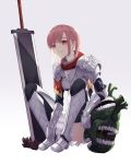  1girl absurdres armor armored_boots boots breastplate gauntlets gradient gradient_background grey_background grin heart_(organ) highres knight looking_at_viewer lusiperble original pink_hair planted_sword planted_weapon red_eyes sabaton scarf short_hair shoulder_armor sitting smile solo sword thigh-highs weapon white_background 