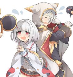  1boy 1girl animal_ears animal_hood cloak closed_eyes crying crying_with_eyes_open erune gloves granblue_fantasy hair_ornament hairband hairclip hood mask miniskirt miyashirorin open_mouth red_eyes short_hair silver_hair six_(granblue_fantasy) skirt tears vikala_(granblue_fantasy) white_background 