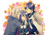  blue_hair blush cape chrom_(fire_emblem) closed_eyes family father_and_daughter fingerless_gloves fire_emblem fire_emblem_awakening gloves group_hug hand_on_another&#039;s_head happy highres hug lucina lucina_(fire_emblem) mother_and_daughter nishimura_(nianiamu) robin_(fire_emblem) robin_(fire_emblem)_(female) shoulder_armor silver_hair smile tiara upper_body 