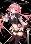  1boy astolfo_(fate) astolfo_(saber)_(fate) bangs black_bow black_gloves black_legwear black_ribbon blush bow bowtie commentary fate/apocrypha fate/grand_order fate_(series) gloves hair_bow hair_intakes hair_ribbon highres long_hair long_sleeves looking_at_viewer multicolored_hair navel one_eye_closed open_clothes otoko_no_ko panipo2501 pink_hair ribbon smile solo streaked_hair thigh-highs twintails violet_eyes white_hair 