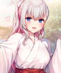  1girl avatar_2.0_project blue_eyes blush breasts collarbone eyebrows_visible_through_hair heart highlights highres japanese_clothes komeshiro_kasu large_breasts long_hair looking_at_viewer miko multicolored_hair musubime_yui open_mouth pink_hair silver_hair smile solo upper_body 