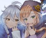  2girls :d bangs black_headwear blush braid brown_eyes brown_hair brown_scarf closed_mouth commentary_request ear_mittens eyebrows_visible_through_hair fingernails fur_hat granblue_fantasy green_eyes grey_background hair_between_eyes hands_up hat long_hair long_sleeves looking_at_viewer multiple_girls myusha nail_polish open_mouth purple_nails scarf silva_(granblue_fantasy) silver_hair smile song_(granblue_fantasy) steepled_fingers upper_body 
