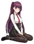  absurdres black_legwear black_skirt doggo34476335 eyebrows_visible_through_hair framed_breasts girls_frontline hair_ribbon half_updo high-waist_skirt highres long_hair necktie one_side_up pantyhose purple_hair red_eyes red_neckwear red_ribbon ribbon skirt thighband_pantyhose wa2000_(girls_frontline) 