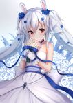  1girl animal_ears azur_lane bare_shoulders blue_choker blue_ribbon bouquet choker commentary_request dress eyebrows_visible_through_hair flower gloves hair_between_eyes hair_flower hair_ornament holding holding_bouquet laffey_(azur_lane) long_hair looking_at_viewer manda_(manda9n) rabbit_ears red_eyes ribbon solo twintails white_dress white_gloves white_hair 