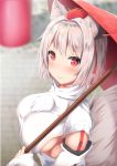  1girl animal_ear_fluff animal_ears bangs bare_shoulders blurry blurry_background blush breasts commentary_request detached_sleeves eyebrows_visible_through_hair hair_intakes hat highres holding holding_umbrella inubashiri_momiji large_breasts long_sleeves looking_at_viewer oriental_umbrella pom_pom_(clothes) red_eyes red_umbrella shirt short_hair silver_hair solo tail tatsumiya_kagari tokin_hat touhou umbrella upper_body white_shirt wolf_ears wolf_tail 