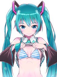  1girl aqua_eyes aqua_hair bangs bikini bikini_top bikini_under_clothes blush breasts detached_sleeves hatsune_miku headset highres kowiru lifted_by_self long_hair looking_at_viewer shirt_lift small_breasts solo striped striped_bikini swimsuit twintails upper_body very_long_hair vocaloid white_background 