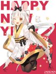  1girl 2020 ;d animal animal_ears bangs black_bow black_footwear black_legwear bow brown_eyes chinese_zodiac commentary_request eyebrows_visible_through_hair floral_print full_body hair_bow happy_new_year highres idemitsu japanese_clothes kimono long_hair long_sleeves looking_at_viewer mouse mouse_ears new_year obi one_eye_closed open_mouth original pantyhose pinching_sleeves print_kimono red_background sash silver_hair sleeves_past_wrists smile solo star two-tone_background white_background white_kimono wide_sleeves year_of_the_rat zouri 