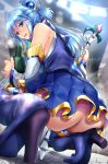  1girl aqua_(konosuba) ass ass_focus bangs bare_shoulders blue_eyes blue_footwear blue_hair blue_skirt blush boots bottle bottomless breasts detached_sleeves from_below hair_ornament hair_rings high_heel_boots high_heels highres kono_subarashii_sekai_ni_shukufuku_wo! long_hair looking_at_viewer medium_breasts nonohachi sidelocks skirt smile solo squatting thigh-highs thigh_boots thighhighs_under_boots very_long_hair 