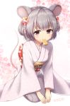  1girl animal_ears bangs blush bow brown_eyes cheese chinese_zodiac commentary_request eyebrows_behind_hair floral_background floral_print food food_in_mouth food_on_face full_body grey_hair hair_ornament highres japanese_clothes kimono long_sleeves looking_at_viewer mouse_ears mouse_girl mouse_tail mouth_hold obi omoomomo original pink_kimono red_bow sash short_hair signature solo tail tail_raised year_of_the_rat 