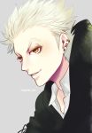  1boy artist_name bokuto_koutarou close-up collar earrings grey_background grey_hair haikyuu!! jewelry jiro_(apollo) looking_at_viewer male_focus parted_lips short_hair simple_background solo spiky_hair star star_in_eye symbol_in_eye yellow_eyes 