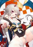  1girl ahoge anchor azur_lane blush fang fur_trim grey_hair hair_ornament hibiki_(azur_lane) horns japanese_clothes kurenai_musume long_hair long_sleeves looking_at_viewer navel oni oni_horns open_mouth panties red_eyes sarashi silver_hair skin_fang skirt smile solo thigh-highs thighs underwear white_legwear 