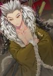  1boy armor black_hair bokuto_koutarou closed_mouth collar collarbone crossed_arms fur fur_collar fur_trim grey_hair haikyuu!! hemoon katana long_sleeves looking_to_the_side male_focus multicolored_hair muscle pauldrons short_hair slit_pupils solo spiky_hair standing sword tassel traditional_clothes two-tone_hair weapon wide_sleeves yellow_eyes 