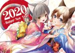  2020 2girls :3 :d animal animal_ears blue_kimono brown_hair cat_ears cat_girl cat_tail chinese_zodiac commentary_request fang floral_print grey_hair happy_new_year highres japanese_clothes kimono long_hair long_sleeves looking_at_viewer mouse multiple_girls nengajou new_year obi ok_sign one_side_up open_mouth original parted_lips pink_kimono print_kimono rose_print rukinya_(nyanko_mogumogu) sash smile tail twintails upper_teeth v wide_sleeves year_of_the_rat 