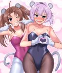  2girls alternate_costume animal_ears black_legwear blue_eyes blush bodysuit breasts brown_hair eyebrows_visible_through_hair grey_legwear hair_ribbon kagerou_(kantai_collection) kantai_collection large_breasts leotard long_hair mouse_ears mouse_tail multiple_girls one_eye_closed open_mouth pantyhose pink_hair playboy_bunny_leotard ponytail ribbon shiranui_(kantai_collection) short_hair smile strapless strapless_leotard sweatdrop tail twintails violet_eyes zanntetu 