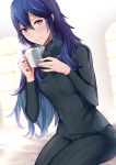  1girl ameno_(a_meno0) black_pants black_sweater blue_eyes blue_hair blush casual closed_mouth commentary_request cup fire_emblem fire_emblem_awakening hair_between_eyes holding holding_cup lips long_hair looking_at_viewer lucina lucina_(fire_emblem) mug pants ribbed_sweater sitting smile solo sweater turtleneck turtleneck_sweater 