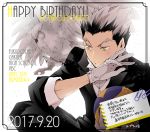  1boy animal ball bird birthday black_hair black_jacket black_pants bokuto_koutarou buttons character_name closed_mouth collar collared_jacket collared_shirt cupi dated formal gloves grey_hair haikyuu!! hand_on_own_cheek hand_on_own_head happy_birthday holding holding_ball jacket long_sleeves looking_to_the_side male_focus multicolored_hair owl pants paper paperclip shirt short_hair simple_background sleeves_rolled_up smile solo spiky_hair striped suit two-tone_hair white_background white_gloves white_shirt 
