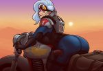  1girl armor ass back backboob backpack bag blaz_b._aros blazbaros bodysuit breast_press breasts desert elbow_pads fair_skin forehead_ridges genestealer goggles goggles_on_head ground_vehicle gun handgun high_collar holstered_weapon huge_ass huge_breasts imperium_of_man motor_vehicle motorcycle pistol purple_lips seductive_smile sideboob smile thick_thighs thighs violet_eyes warhammer_40k weapon white_hair wide_hips 