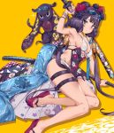  1girl arm_up armpits bangs bare_shoulders bikini blue_eyes blush breasts close-up closed_mouth collarbone commentary_request fate/grand_order fate_(series) feet floral_print flower goggles goggles_on_head hair_flower hair_ornament hidebuu katana katsushika_hokusai_(fate/grand_order) katsushika_hokusai_(swimsuit_saber)_(fate) legs looking_at_viewer medium_breasts obi octopus purple_hair sandals sash short_hair simple_background swimsuit sword thigh_strap thighs tokitarou_(fate/grand_order) weapon white_bikini yellow_background 