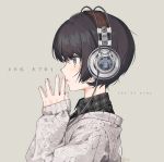 1girl akg artist_name black_hair collared_shirt from_side grey_eyes hands_together headphones long_sleeves looking_away nagu original parted_lips shirt short_hair solo sweater