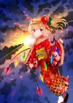  1girl alternate_costume artist_name bangs black_footwear blonde_hair bow clouds cloudy_sky commentary_request dutch_angle flandre_scarlet floating_hair floral_print flower flower_request full_body glowing glowing_wings hair_between_eyes hair_flower hair_ornament hands_up japanese_clothes kimono leaf_hair_ornament long_sleeves looking_at_viewer morning nail_polish obi off_shoulder one_side_up out_of_frame outdoors pink_bow pointy_ears red_eyes red_flower red_kimono red_nails reflection ripples sakipsakip sash shide shiny shiny_hair short_hair sidelocks sky sleeves_past_wrists smile solo standing standing_on_liquid sun sunlight tabi touhou twitter_username white_legwear wide_sleeves wings 