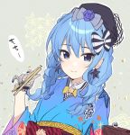  1girl alternate_costume alternate_hairstyle blue_eyes blue_hair blush chopsticks commentary_request earrings hat highres hololive hoshimachi_suisei japanese_clothes jewelry kimono looking_at_viewer medium_hair portrait solo suisei_channel teshima_nari virtual_youtuber 