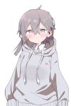  1girl bangs blush breasts closed_mouth collared_shirt commentary drawstring eyebrows_visible_through_hair girls_frontline grey_hair grey_hoodie hair_between_eyes highres hood hood_down hoodie long_hair long_sleeves looking_at_viewer m200_(girls_frontline) shirt simple_background small_breasts solo tosyeo violet_eyes white_background white_shirt 