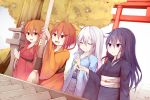  4girls :d akatsuki_(kantai_collection) bangs black_kimono blue_kimono blush brown_eyes brown_hair brown_kimono closed_eyes closed_mouth commentary_request eyebrows_visible_through_hair fang hair_between_eyes hair_ornament hairclip hamayuu_(litore) hands_together hatsumoude hibiki_(kantai_collection) highres ikazuchi_(kantai_collection) inazuma_(kantai_collection) japanese_clothes kantai_collection kimono long_hair long_sleeves multiple_girls obi open_mouth own_hands_together palms_together purple_hair red_kimono sash smile torii tree twitter_username v-shaped_eyebrows very_long_hair violet_eyes white_hair wide_sleeves 