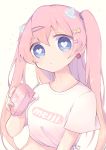  angelic_buster blue_eyes bottle hair_ornament heart heart-shaped_pupils highres holding horns looking_at_viewer maplestory milk_bottle pink_hair shirt simmm simple_background symbol-shaped_pupils two_side_up white_shirt 