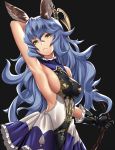  1girl animal_ears armpits backless_outfit bare_back belt black_gloves blue_hair blue_skirt breasts brown_eyes brown_gloves closed_mouth cowboy_shot earrings erune ferry_(granblue_fantasy) gloves granblue_fantasy highres hoop_earrings jewelry long_hair looking_at_viewer loose_belt rabbit_ears sideboob simple_background single_earring skirt small_breasts solo takanashi-a wavy_hair whip yellow_eyes 