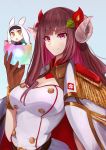  2girls animal_ears azur_lane bangs black_gloves blue_background brown_eyes brown_hair commentary_request curled_horns eyebrows_visible_through_hair flower gloves hair_flower hair_ornament hairband highres horns jacket jacket_on_shoulders long_hair looking_at_viewer marshall2033 minigirl multiple_girls rabbit_ears red_flower shimakaze_(azur_lane) simple_background suruga_(azur_lane) upper_body violet_eyes white_hair 