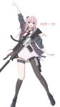  1girl :d absurdres ar-15 asymmetrical_legwear black_footwear black_jacket black_legwear black_neckwear character_name eyebrows_visible_through_hair girls_frontline gun highres jacket kneehighs looking_at_viewer multicolored_hair necktie open_mouth pink_hair rifle rynn_(user_rkgs8583) side_ponytail simple_background single_thighhigh smile solo st_ar-15_(girls_frontline) streaked_hair thigh-highs violet_eyes weapon white_background 