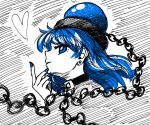  1girl bangs black_choker blue_eyes blue_hair blue_nails chain choker commentary_request earrings eyebrows_visible_through_hair from_side hand_up heart hecatia_lapislazuli hecatia_lapislazuli_(earth) highres jewelry long_hair looking_at_viewer nail_polish polos_crown profile smile solo sonosaki_kazebayashi stud_earrings touhou white_background 