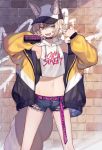  1girl :d animal_ear_fluff animal_ears armpits arms_up bare_shoulders baseball_cap belt brick_wall brown_hair can choker crop_top cutoffs denim denim_shorts drawstring ear_piercing ears_through_headwear fox_ears fox_girl fox_tail hair_between_eyes hat holding holding_can hood hood_down hoodie jacket jewelry long_sleeves looking_at_viewer midriff nail_polish navel off_shoulder open_clothes open_jacket open_mouth original piercing puffy_sleeves ring sharp_teeth short_hair short_shorts shorts shugao sleeveless sleeveless_hoodie smile solo spray_can standing stomach tail teeth thighs torn_clothes torn_shorts violet_eyes white_hoodie yellow_jacket 