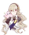  1girl 1other armor armored_dress ballpoint_pen_(medium) blue_eyes blush blush_stickers corrin_(fire_emblem) corrin_(fire_emblem)_(female) cute dragon_girl elf female_my_unit_(fire_emblem_if) fire_emblem fire_emblem_14 fire_emblem_fates fire_emblem_if grey_hair hair_between_eyes hairband hal_laboratory_inc. highres hoshi_no_kirby intelligent_systems kamui_(fire_emblem) kirby kirby_(series) lips long_hair looking_at_viewer manakete my_unit_(fire_emblem_if) nintendo pink_puff_ball red_eyes roroichi simple_background smile sora_(company) star super_smash_bros. traditional_media upper_body white_background 