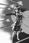  1girl :d arqa boots cape fate/grand_order fate_(series) full_body greyscale gun hair_between_eyes hat holding holding_sword holding_weapon katana long_hair long_sleeves military_hat monochrome oda_nobunaga_(fate) oda_nobunaga_(fate)_(all) oda_uri open_mouth peaked_cap rifle smile solo sword weapon 