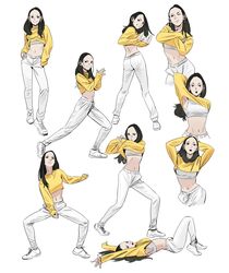  arms_up black_hair earrings hands_up highres jewelry joongchel_kim long_hair looking_at_viewer lying midriff multiple_views navel on_back original pants shirt sports_bra standing white_pants yellow_shirt 